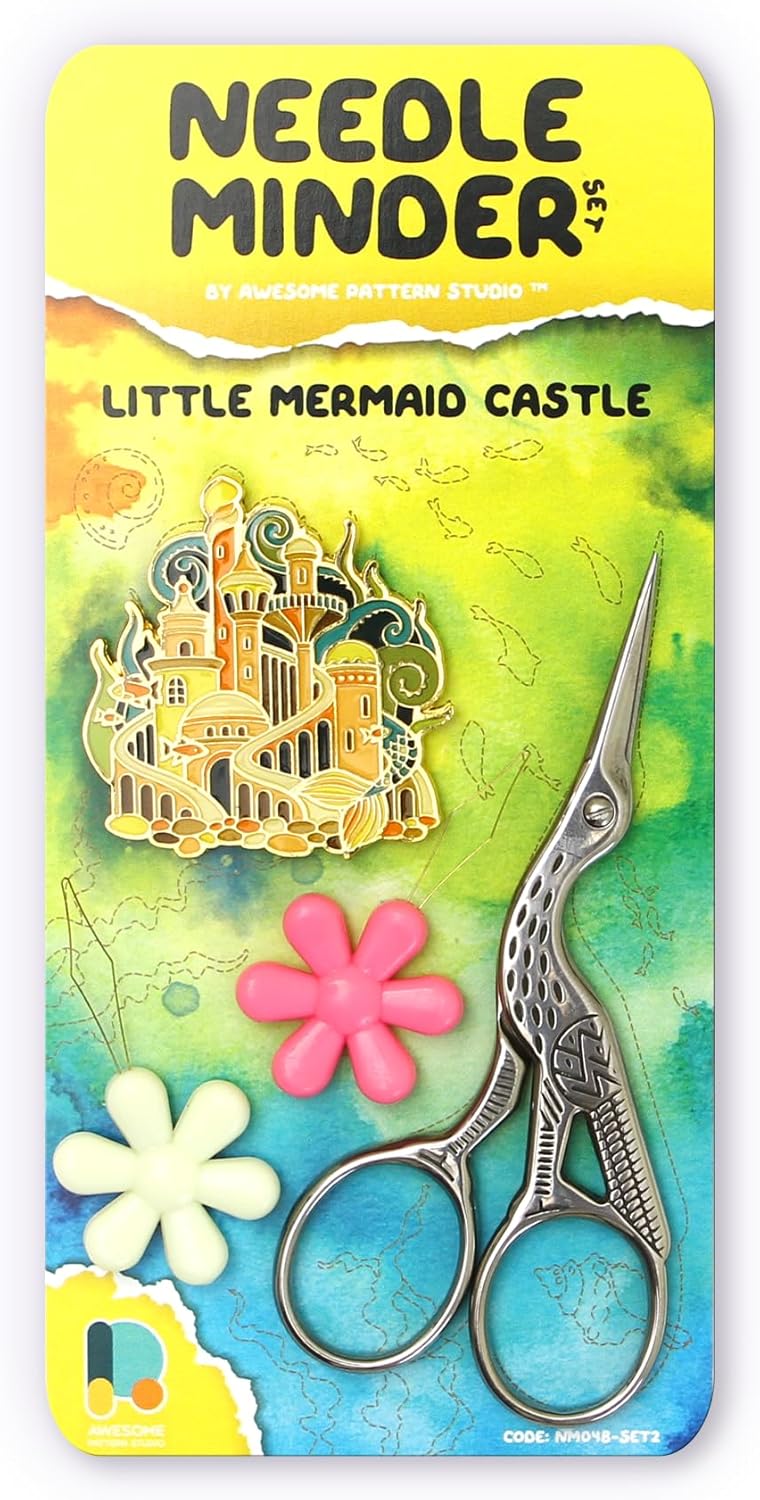 Awesome Pattern Studio Needle Minder Set - Little Mermaid Castle Magnetic Needle Minder + 2 Needle Threaders + Crane Scissors. Enamel Pin for Cross Stitch, Embroidery and Craft - Image 1